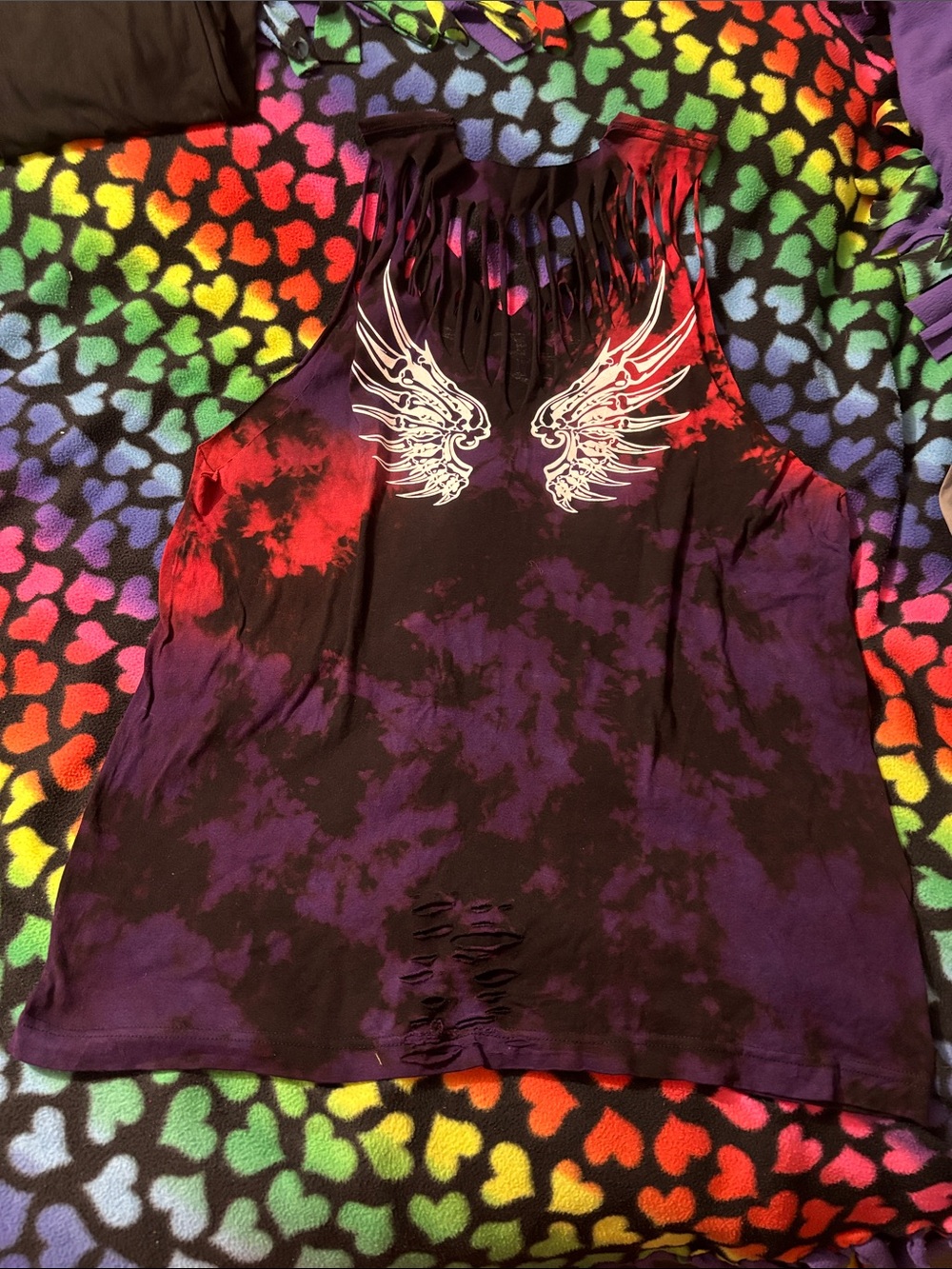 Fringe Tie-Dye Wing Graphic Tank Top - Purple & Black